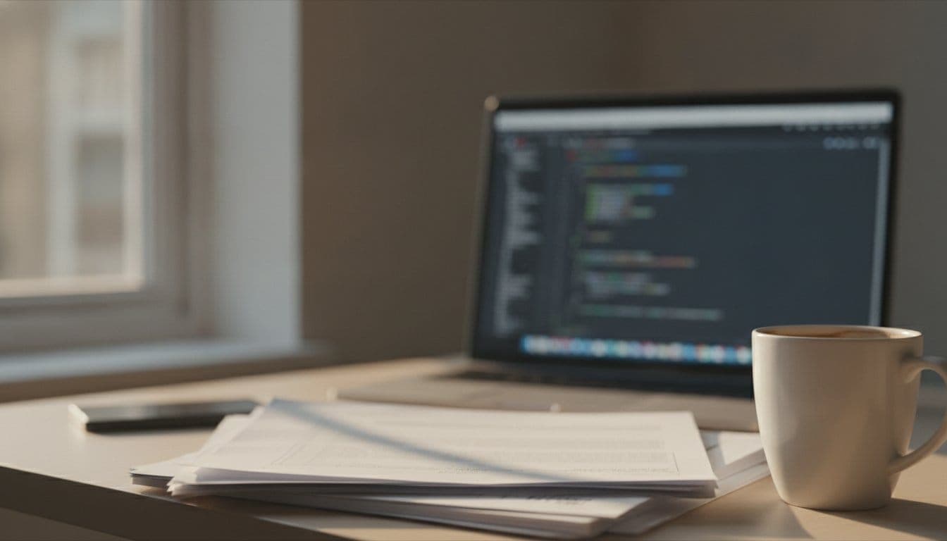 Bureau à domicile avec un MacBook ouvert affichant du code Xcode flou en arrière-plan, une pile de documents administratifs et une tasse de café, sous une lumière naturelle de fin d'après-midi