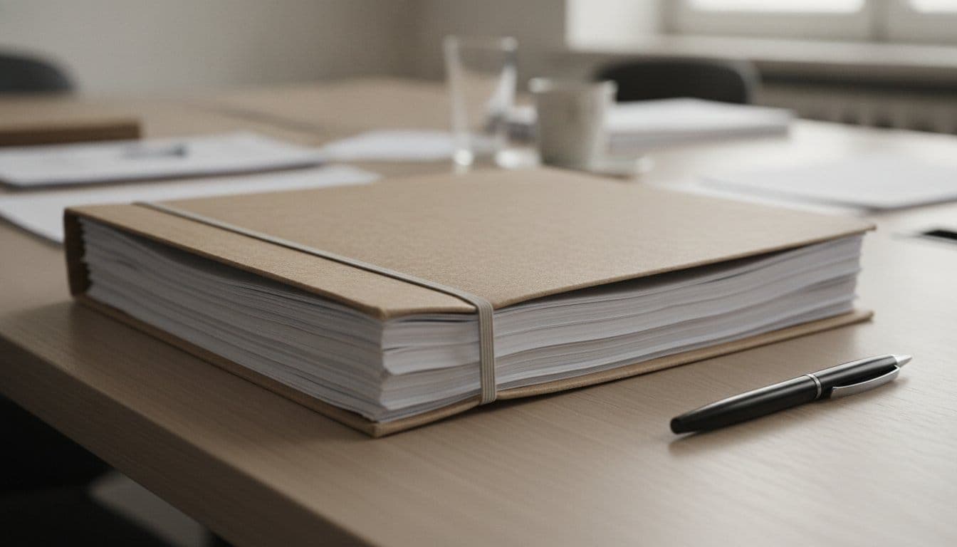 Dossier de candidature épais dans une chemise à élastiques, posé sur une table de réunion à côté d'un stylo, papiers flous et illisibles