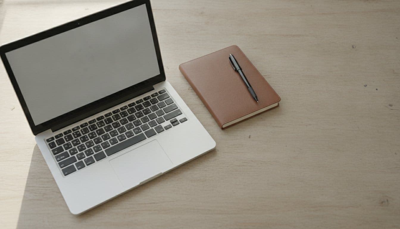 Bureau vu de dessus avec un ordinateur portable ouvert à l'écran flou, un carnet fermé et un stylo, entourés d'un espace vide sur le plan de travail