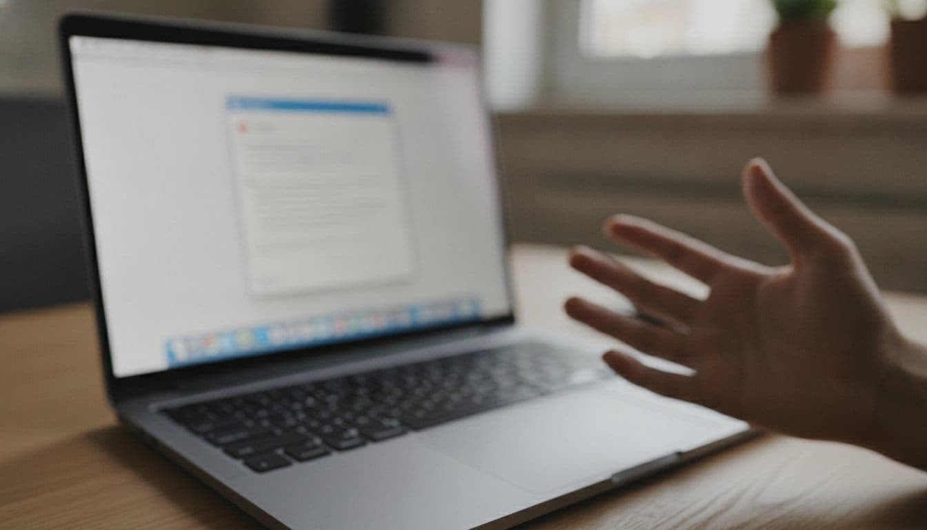 Gros plan sur un MacBook ouvert dont l'écran flou affiche une fenêtre de notification illisible, une main posée près du clavier dans un geste de légère contrariété, bureau à la maison en arrière-plan flou sous lumière naturelle