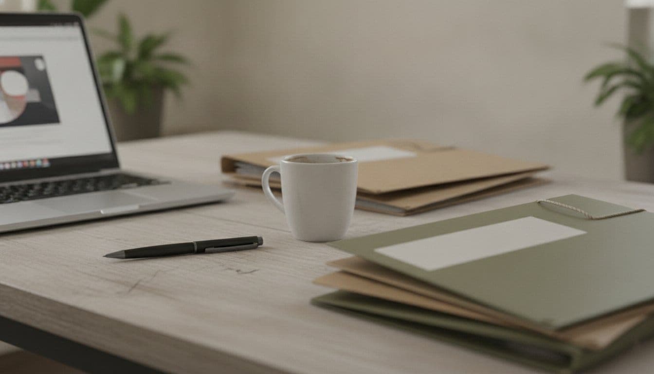 Bureau vu de trois quarts au-dessus avec un ordinateur portable ouvert, des chemises cartonnées floues empilées, un stylo et une tasse, sous une lumière naturelle de fenêtre