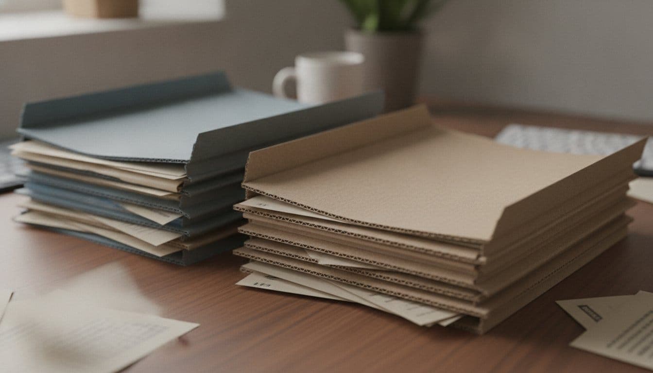 Deux piles de chemises cartonnées, l'une terracotta, l'autre bleu-gris, posées côte à côte sur un bureau, papiers flous à l'intérieur