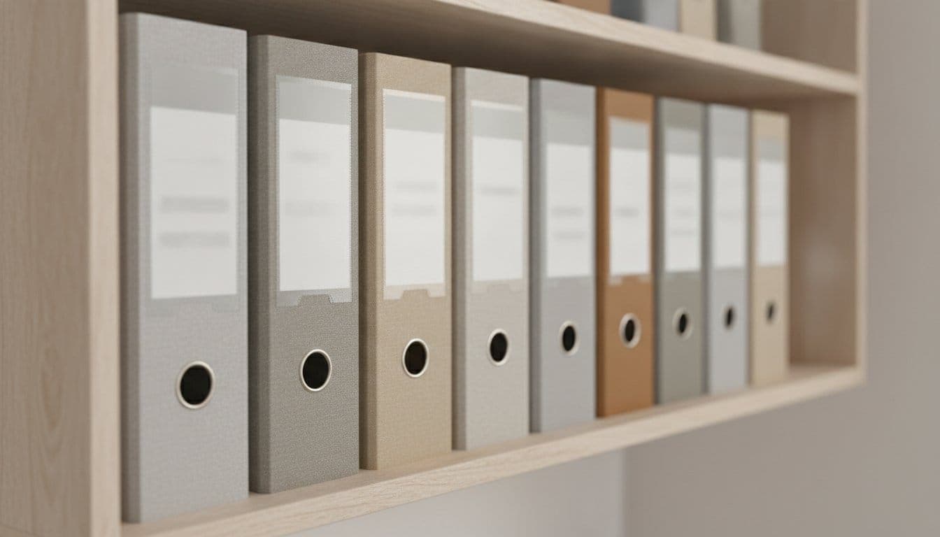 Rangée de classeurs à levier alignés sur une étagère de bureau, étiquettes de dos floues et illisibles, lumière naturelle
