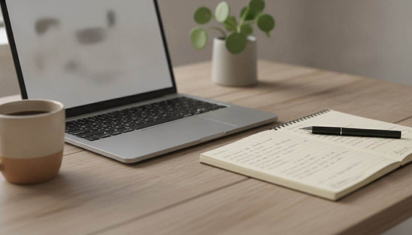 Bureau vu de biais avec un ordinateur portable ouvert à l'écran flou illisible et un carnet ouvert à côté avec des notes manuscrites floues, lumière naturelle de fenêtre