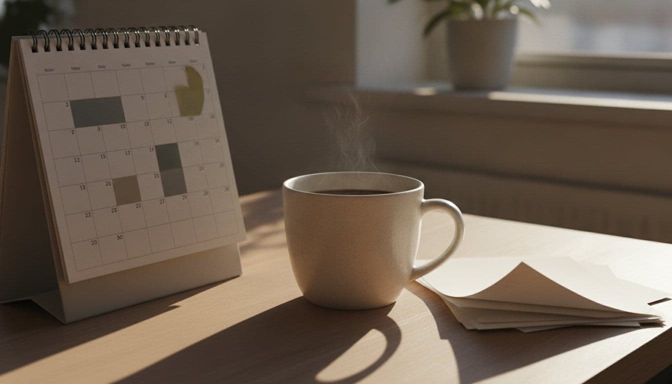 Coin de bureau en fin de journée : un calendrier de bureau en papier aux dates floues, posé à côté d'une tasse de café et d'une pile de feuilles blanches, sous une lumière naturelle rasante