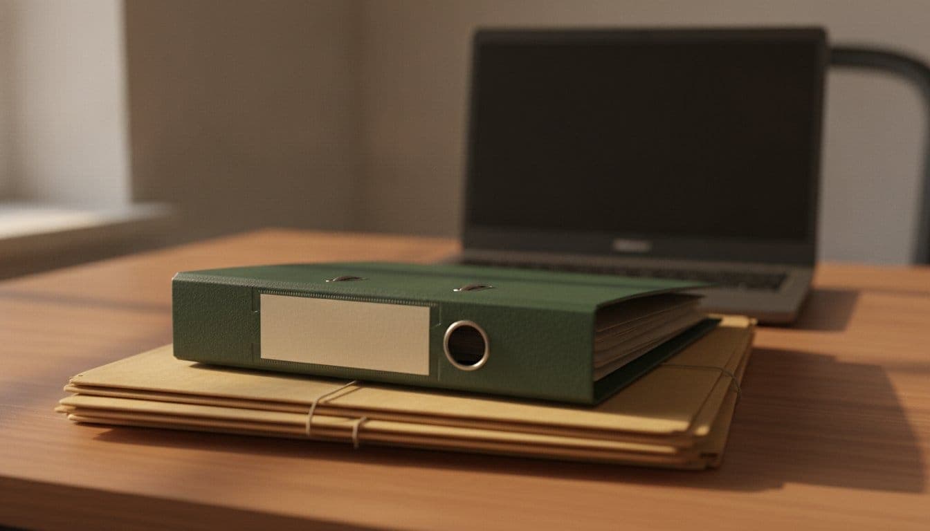 Classeur d'archives fermé avec une étiquette posé sur une pile de dossiers cartonnés dans un bureau, ordinateur portable éteint flou en arrière-plan, lumière naturelle de fin d'après-midi