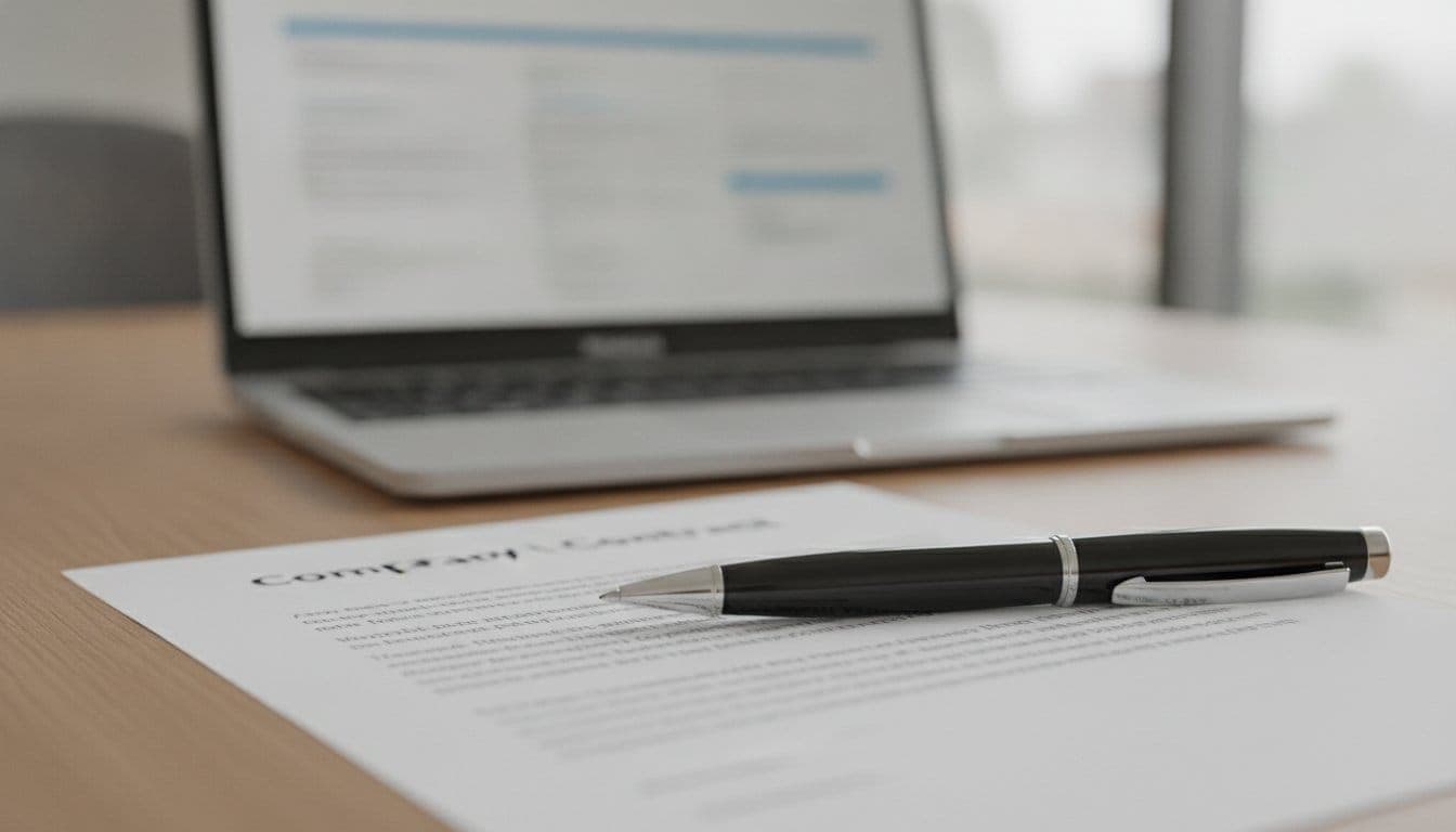 Stylo posé en biais sur un contrat papier prêt à être signé sur une table de réunion, avec un ordinateur portable ouvert affichant une fiche entreprise floue en arrière-plan, sous une lumière naturelle de bureau