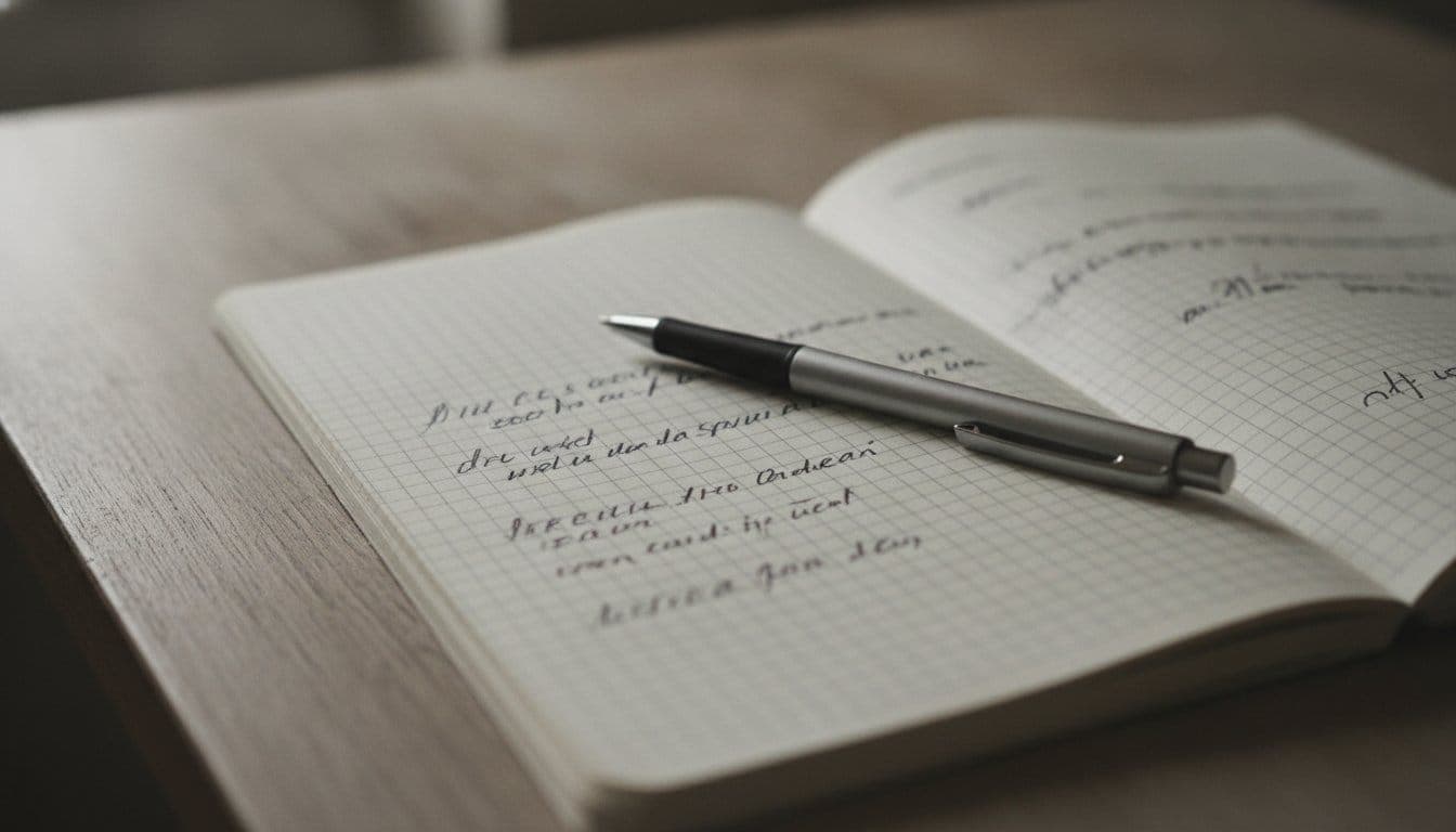 Carnet à petits carreaux ouvert sur un bureau en bois, avec un stylo posé dessus et une écriture manuscrite floue et illisible