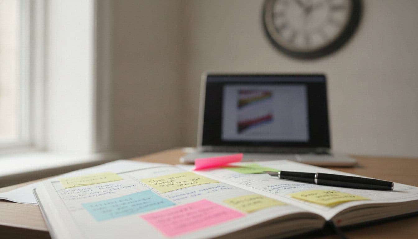 Bureau avec un agenda papier ouvert couvert de notes manuscrites et de post-it colorés, un ordinateur portable flou en arrière-plan et une horloge murale floue, sous une lumière naturelle de fenêtre