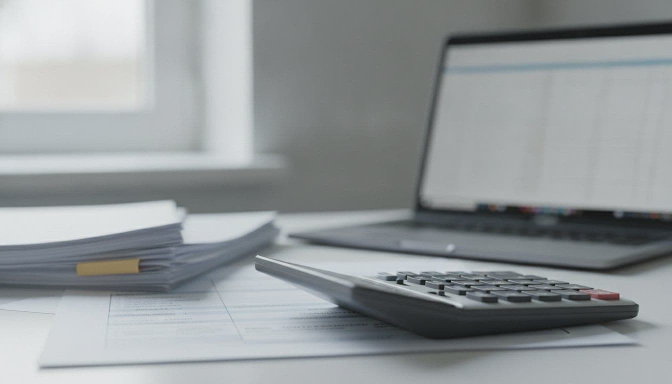 Bureau comptable vu de biais avec une calculatrice posée légèrement de travers au premier plan, des formulaires administratifs papier empilés flous, et un ordinateur portable ouvert sur un tableur en arrière-plan flou, sous lumière naturelle de fenêtre
