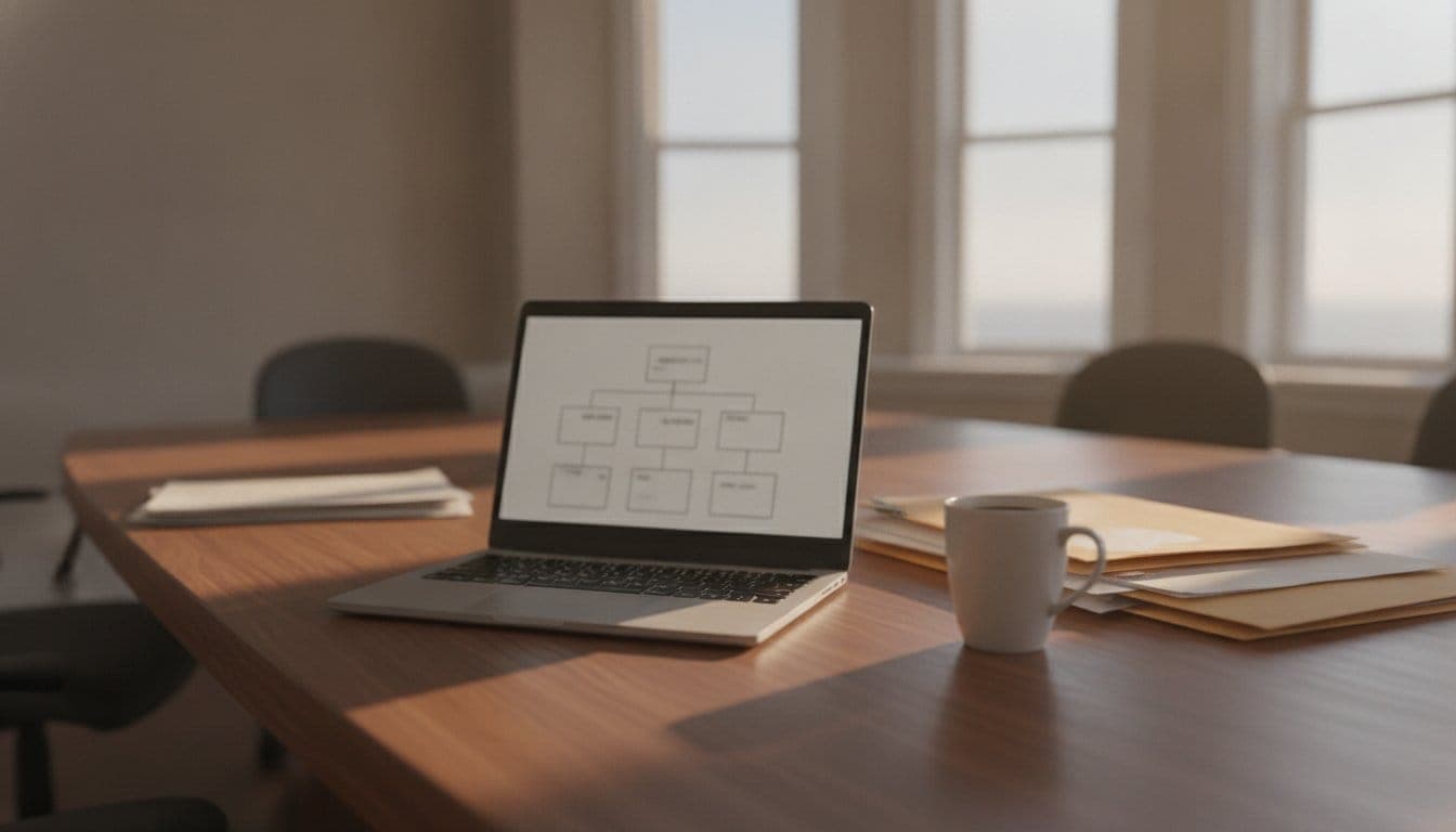Table de réunion en bois avec un ordinateur portable ouvert affichant un organigramme flou et illisible, une tasse de café à côté, dossiers papier empilés, lumière naturelle de fin de matinée par une baie vitrée en arrière-plan