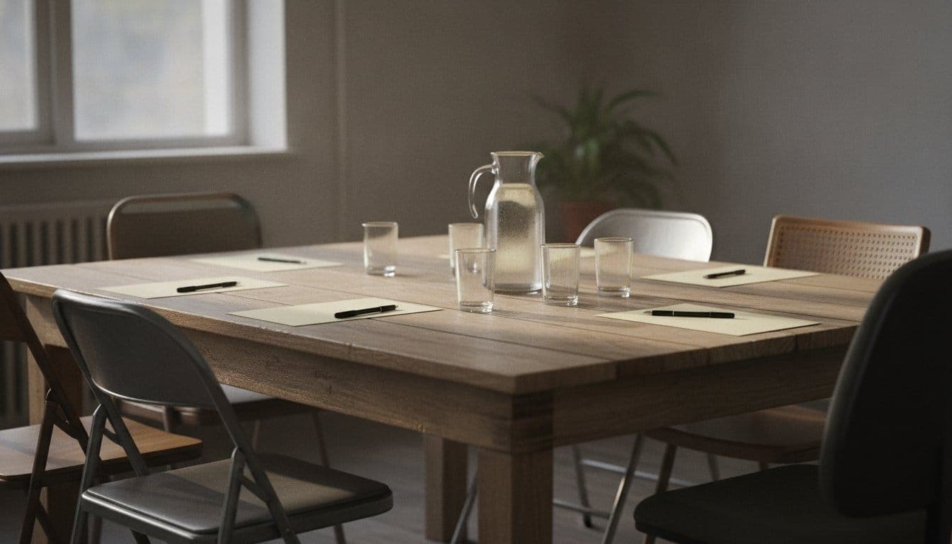 Table de réunion associative avec chaises dépareillées, papiers vierges, stylos et une carafe d'eau avec des verres, lumière naturelle de fenêtre