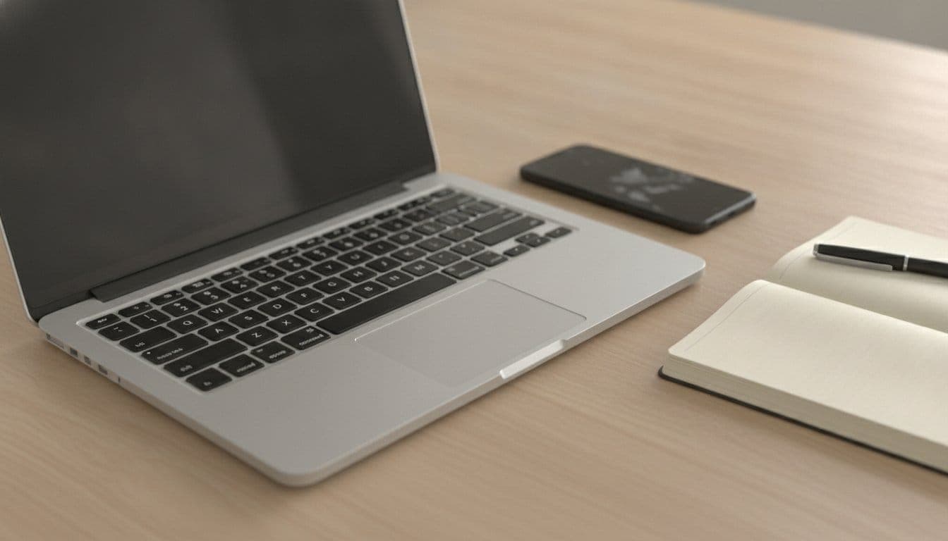 Bureau en bois clair avec un ordinateur portable ouvert à l'écran illisible vu de biais, un smartphone posé face contre table, et un carnet avec un stylo, sous une lumière naturelle de fenêtre