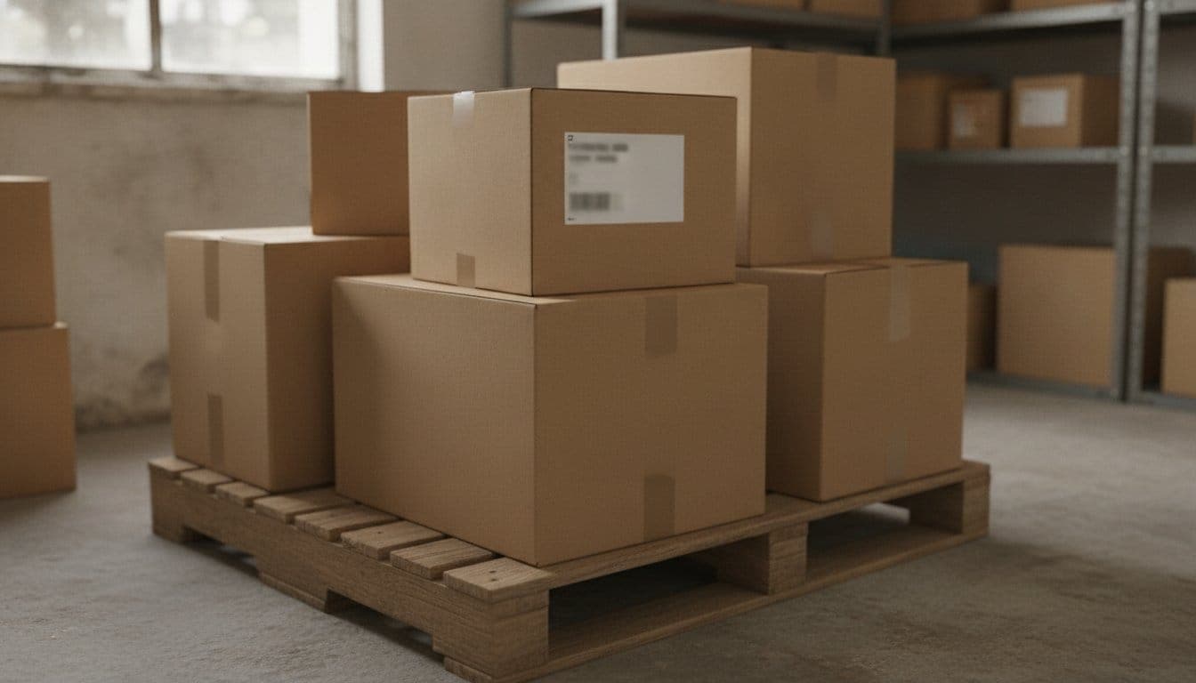 Cartons d'expédition bruns empilés sur une palette en bois dans une réserve, avec une étiquette d'expédition floue et illisible collée sur l'un d'eux