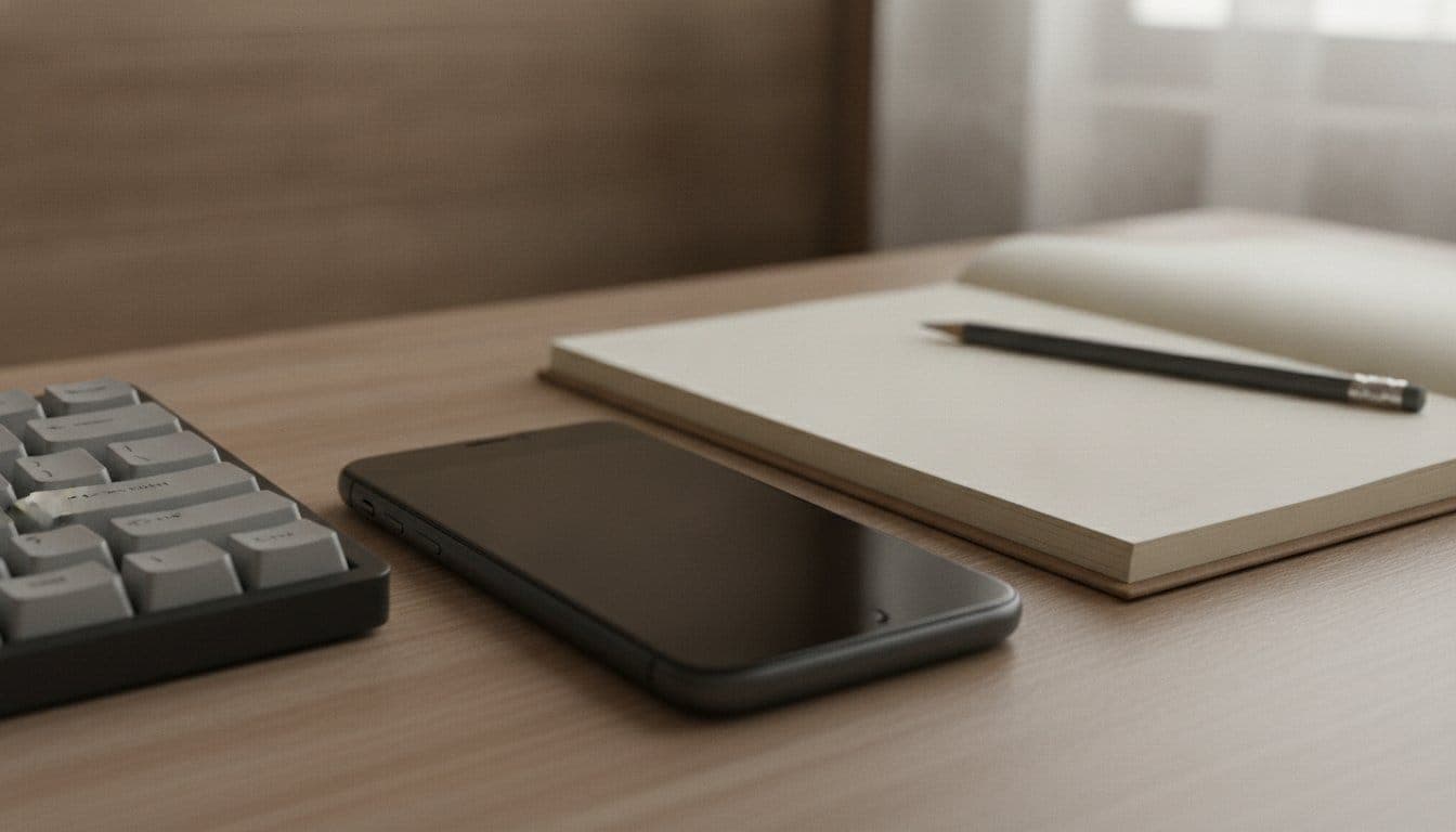 Smartphone à l'écran éteint posé sur un bureau en bois, à côté d'un clavier et d'un carnet ouvert, vue de dessus en lumière naturelle