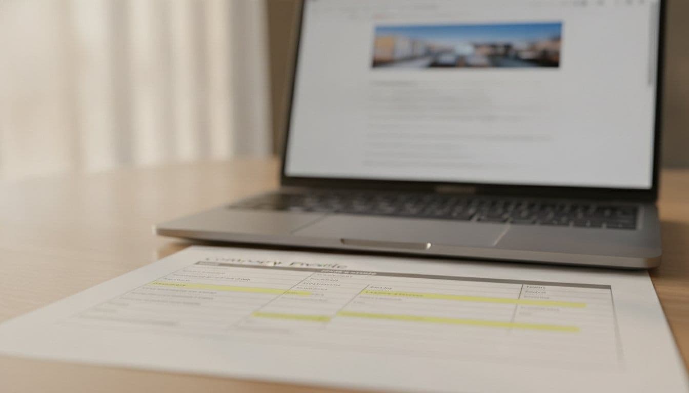 Dirigeant d'entreprise dans son bureau consultant un profil d'entreprise sur son ordinateur portable, écran flou, à côté d'une fiche imprimée avec des champs surlignés au feutre jaune