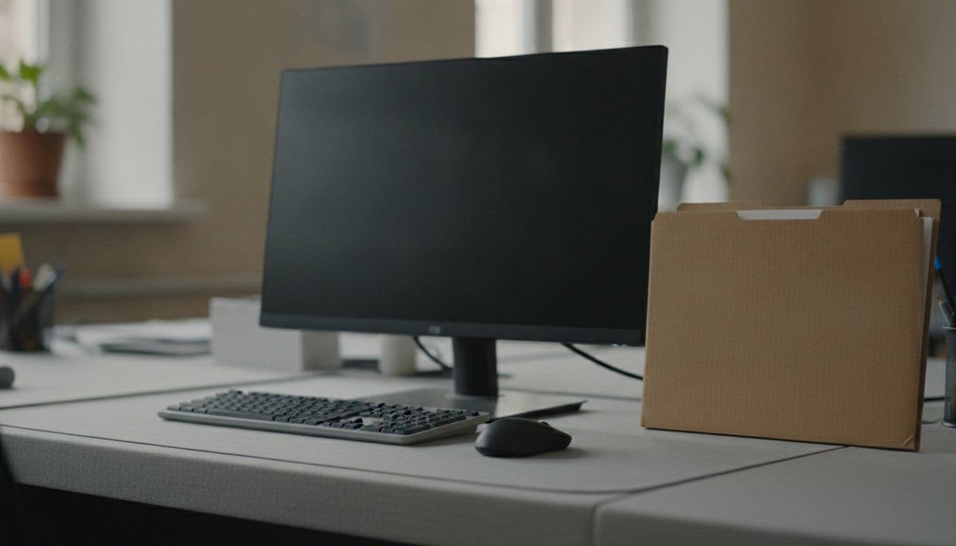 Bureau partagé vu de trois quarts avec un écran d'ordinateur éteint, un clavier, une souris et une chemise cartonnée posée à côté