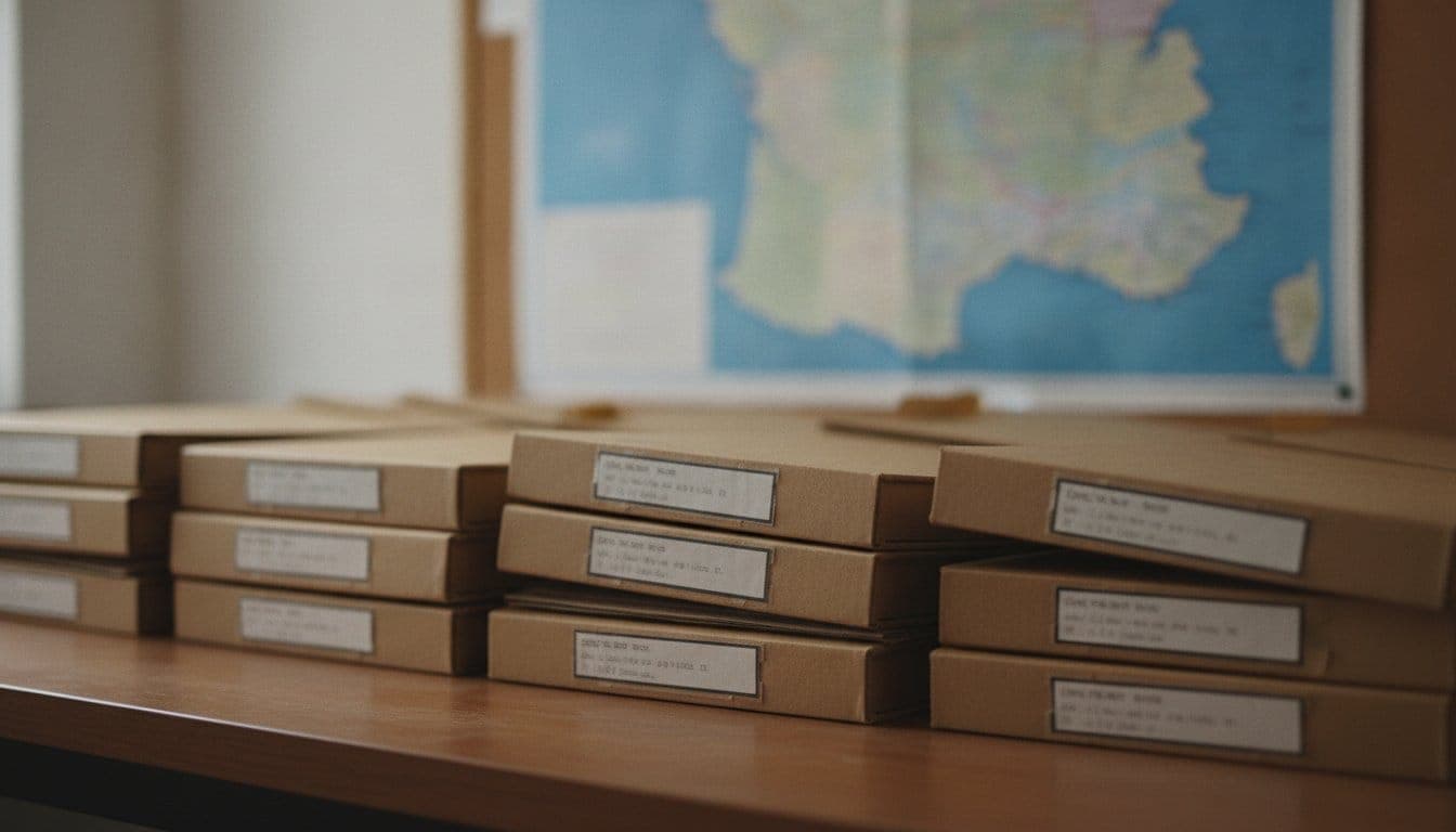 Bureau vu de biais avec plusieurs dossiers cartonnés empilés côte à côte, chacun avec une étiquette d'adresse floue et illisible, une carte de France dépliée en arrière-plan hors focus, sous une lumière naturelle de fenêtre