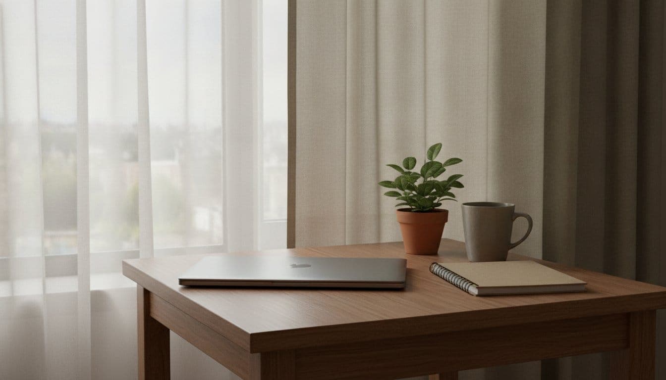 Coin bureau à domicile avec table en bois près d'une fenêtre, ordinateur portable fermé à l'écran éteint, une plante, un carnet et une tasse, lumière naturelle du matin