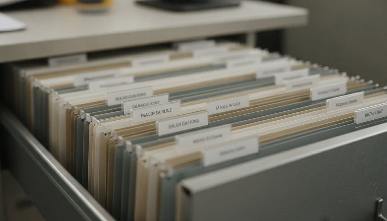 Tiroir de classement de bureau ouvert, vu de dessus, rempli de dossiers suspendus serrés dont les étiquettes sont floues