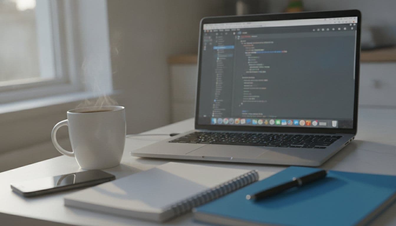 Bureau improvisé sur une table de cuisine avec un iPhone posé à côté d'un MacBook ouvert affichant Xcode flou en arrière-plan, tasse de café et carnet, lumière naturelle de matin