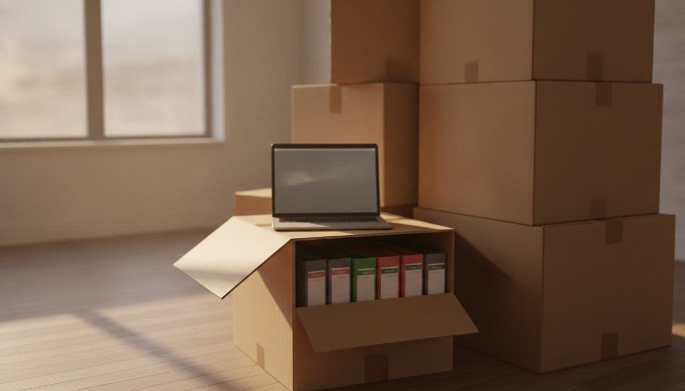 Cartons de déménagement fermés empilés dans un bureau presque vide, un ordinateur portable posé ouvert sur une caisse en carton entrouverte laissant voir des dossiers administratifs, lumière naturelle de fin de journée
