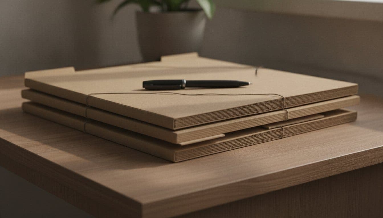 Une pile de chemises cartonnées fermées posée sur un bureau sobre, avec un stylo dessus, lumière naturelle douce